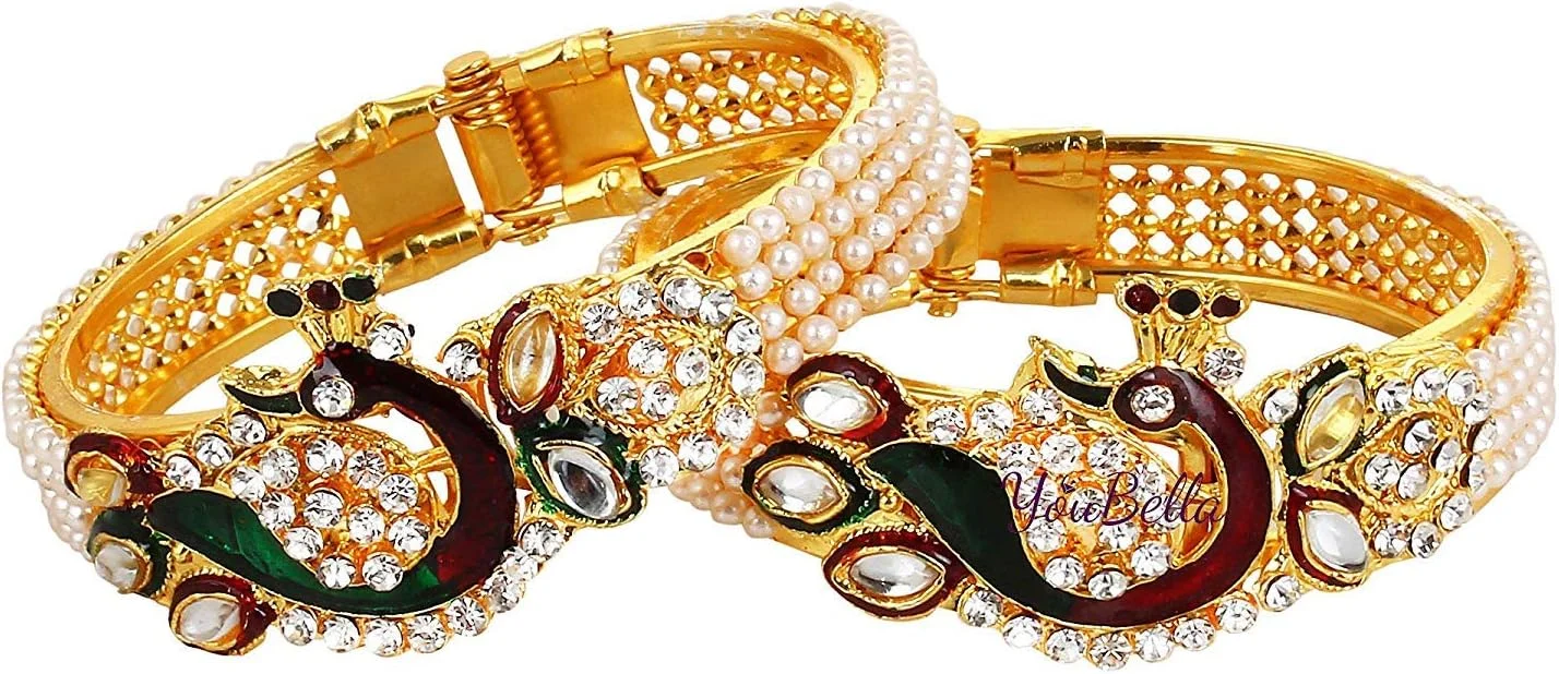 ست جواهرات زنانه YouBella، ست گردنبند طلاکاری شده با گوشواره و النگو، مناسب دختران/بانوان ست جواهرات زنانه YouBella، ست گردنبند طلاکاری شده با گوشواره و النگو، مناسب دختران/بانوان