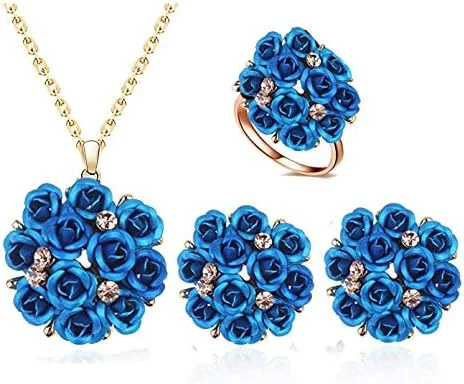 ست جواهرات YouBella، گردنبند گلدار با روکش طلایی شیک به همراه گوشواره و انگشتر برای زنان و دختران، سایز آزاد، روکش طلایی، بدون سنگ قیمتی
