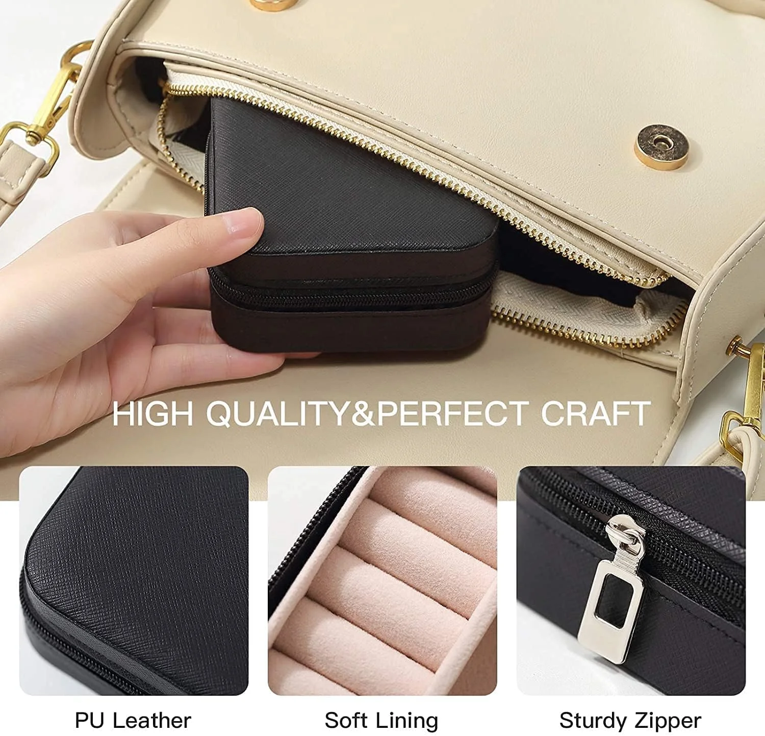 جعبه جواهرات YouBella، چرمی PU، دارای زیپ، قابل حمل، با محفظه های جداکننده برای انگشتر، گوشواره، گردنبند، مناسب برای سازماندهی منزل (مشکی) جعبه جواهرات YouBella، چرمی PU، دارای زیپ، قابل حمل، با محفظه های جداکننده برای انگشتر، گوشواره، گردنبند، مناسب برای سازماندهی منزل (مشکی)