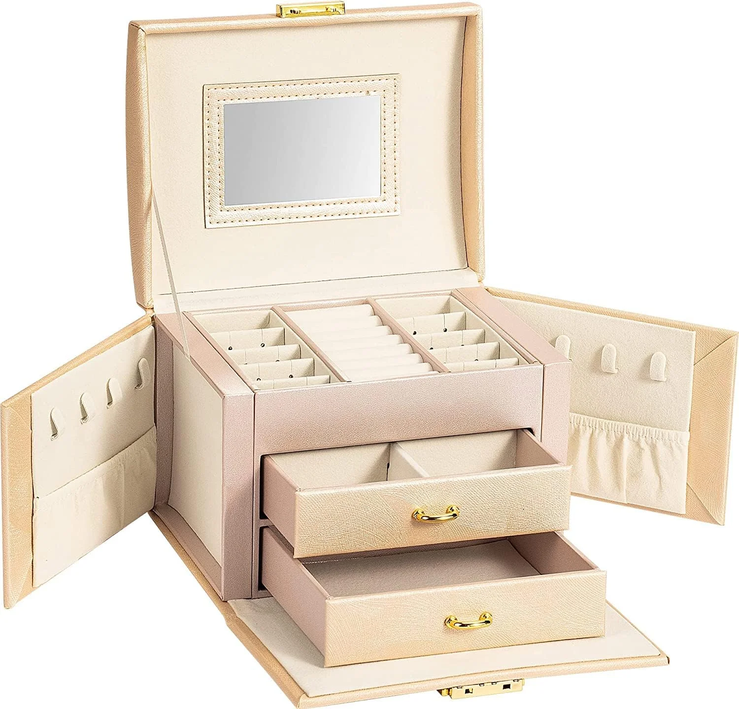 جعبه جواهرات YouBella، چند لایه، چرم PU، قابل حمل، قفل دار، با محفظه های جداکننده برای انگشتر، گوشواره، گردنبند، سازمان دهنده خانگی، بژ
