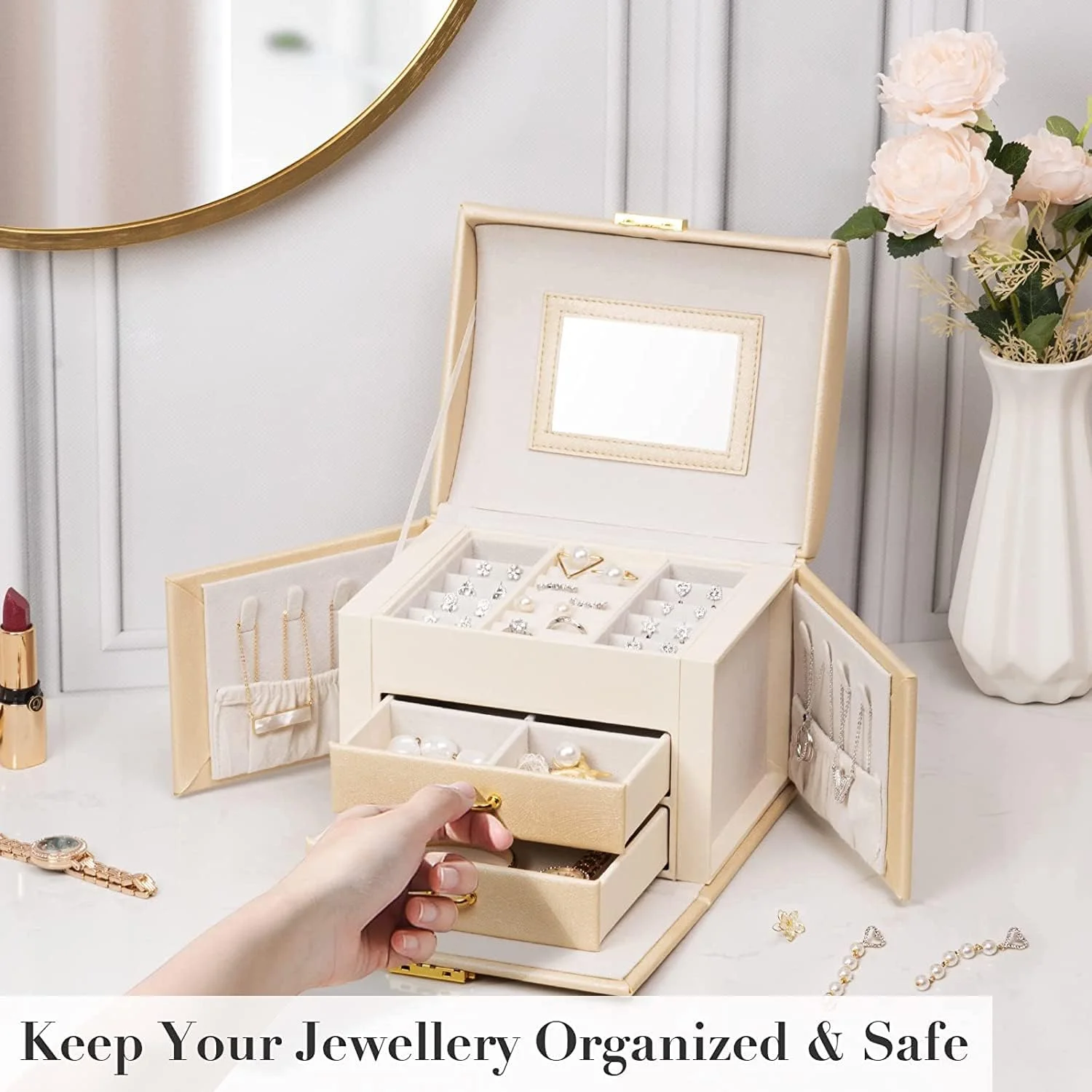 جعبه جواهرات YouBella، چند لایه، چرم PU، قابل حمل، قفل دار، با محفظه های جداکننده برای انگشتر، گوشواره، گردنبند، سازمان دهنده خانگی، بژ جعبه جواهرات YouBella، چند لایه، چرم PU، قابل حمل، قفل دار، با محفظه های جداکننده برای انگشتر، گوشواره، گردنبند، سازمان دهنده خانگی، بژ