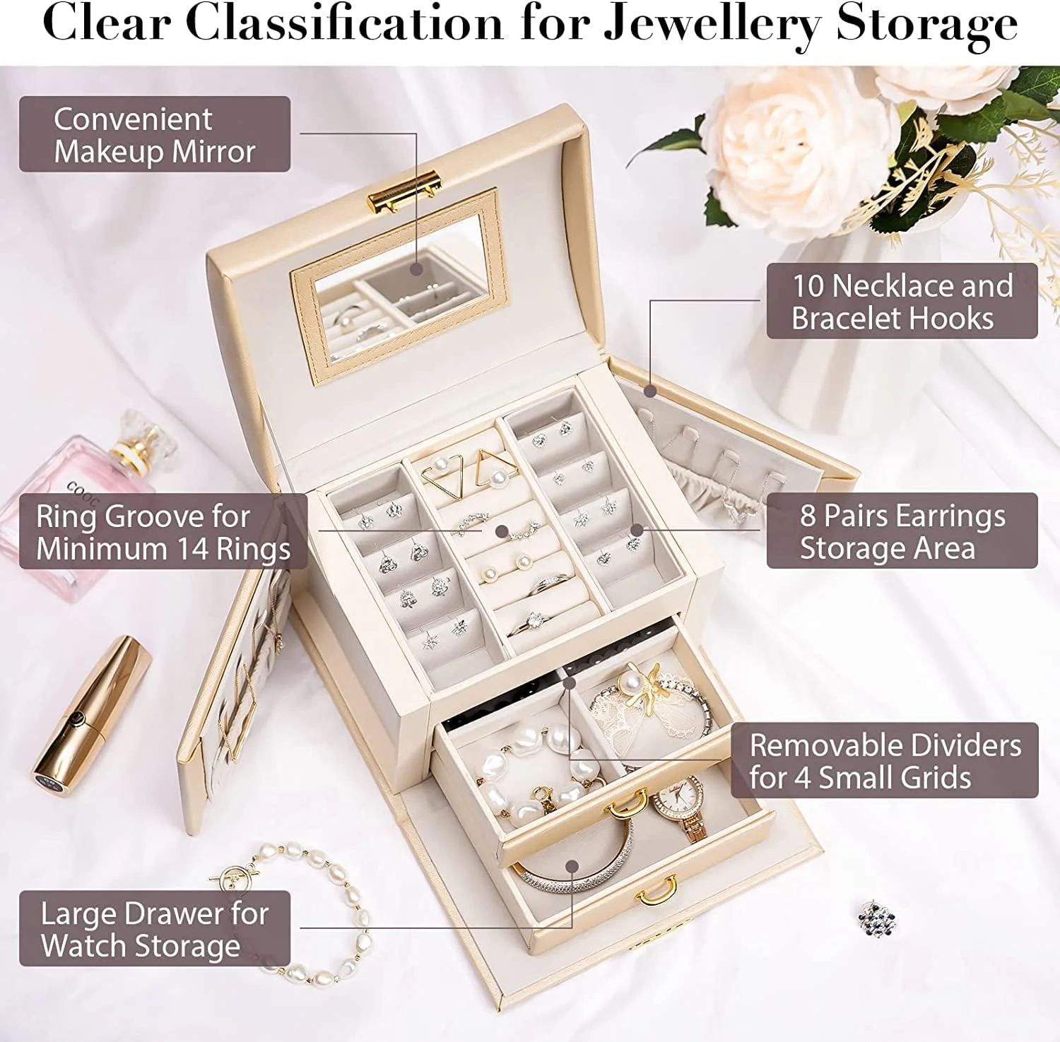 جعبه جواهرات YouBella، چند لایه، چرم PU، قابل حمل، قفل دار، با محفظه های جداکننده برای انگشتر، گوشواره، گردنبند، سازمان دهنده خانگی، بژ جعبه جواهرات YouBella، چند لایه، چرم PU، قابل حمل، قفل دار، با محفظه های جداکننده برای انگشتر، گوشواره، گردنبند، سازمان دهنده خانگی، بژ