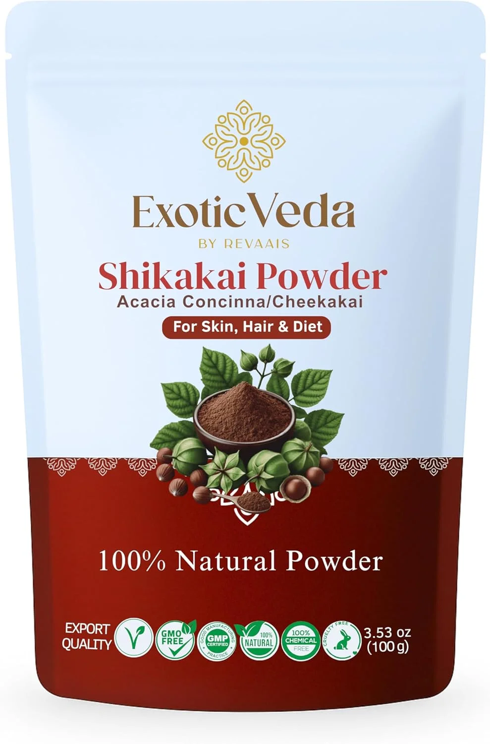 پودر شیکاکای ارگانیک اگزوتیک ودا، پاک کننده و نرم کننده طبیعی مو، غیر تراریخته، فرمول گیاهی برای موهای قوی و درخشان، 100 گرم