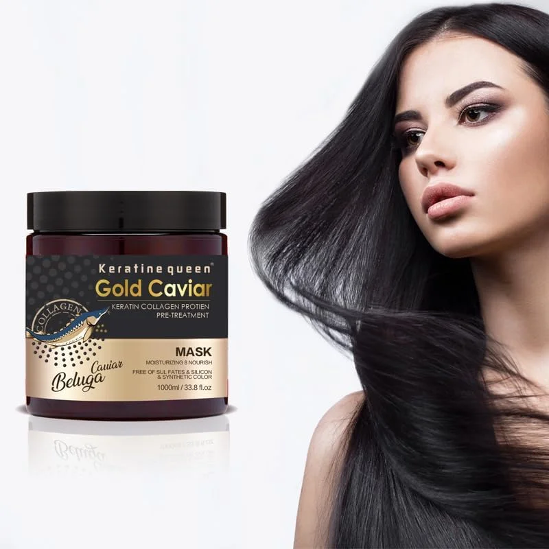 ماسک مو خاویار طلایی Keratinequeen، درمان پروتئینی کلاژن کراتین، مرطوب کننده و مغذی، 1000 میلی لیتر