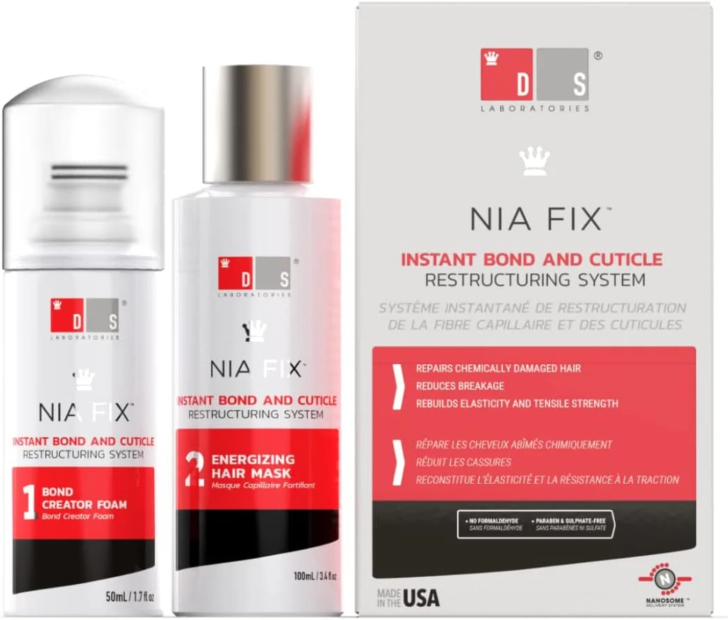 DS Laboratories Nia Fix - درمان ترمیم کننده پیوند مو برای موهای آسیب دیده، شامپو و نرم کننده موهای خشک، ماسک مو برای ترمیم موخوره و شامپو درمان پیوند مو