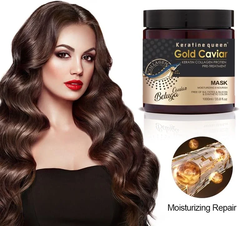 ماسک مو خاویار طلایی Keratinequeen، درمان پروتئینی کلاژن کراتین، مرطوب کننده و مغذی، 1000 میلی لیتر