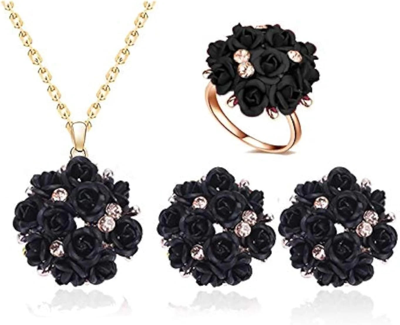 ست جواهرات YouBella، گردنبند طرح گل طلایی شیک با گوشواره و انگشتر برای زنان و دختران (مشکی)