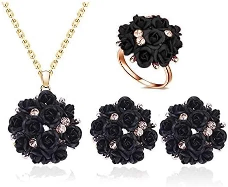 ست جواهرات YouBella، گردنبند طرح گل طلایی شیک با گوشواره و انگشتر برای زنان و دختران (مشکی)