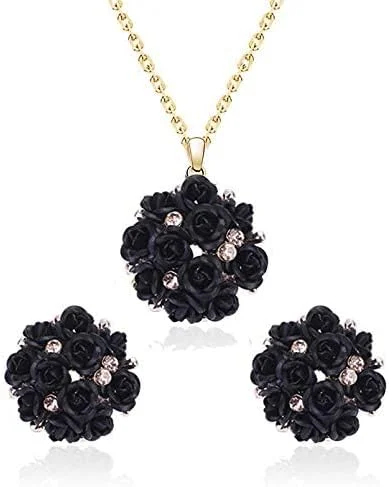 ست جواهرات YouBella، گردنبند طرح گل طلایی شیک با گوشواره و انگشتر برای زنان و دختران (مشکی)
