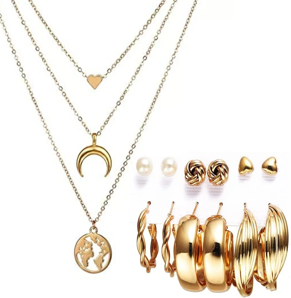 یوتبلا زیورآلات مد گردنبند و گوشواره با روکش طلا، ست زیورآلات زنانه و دخترانه (طلایی) (YBNK_50421)، متوسط، برنج، بدون سنگ قیمتی