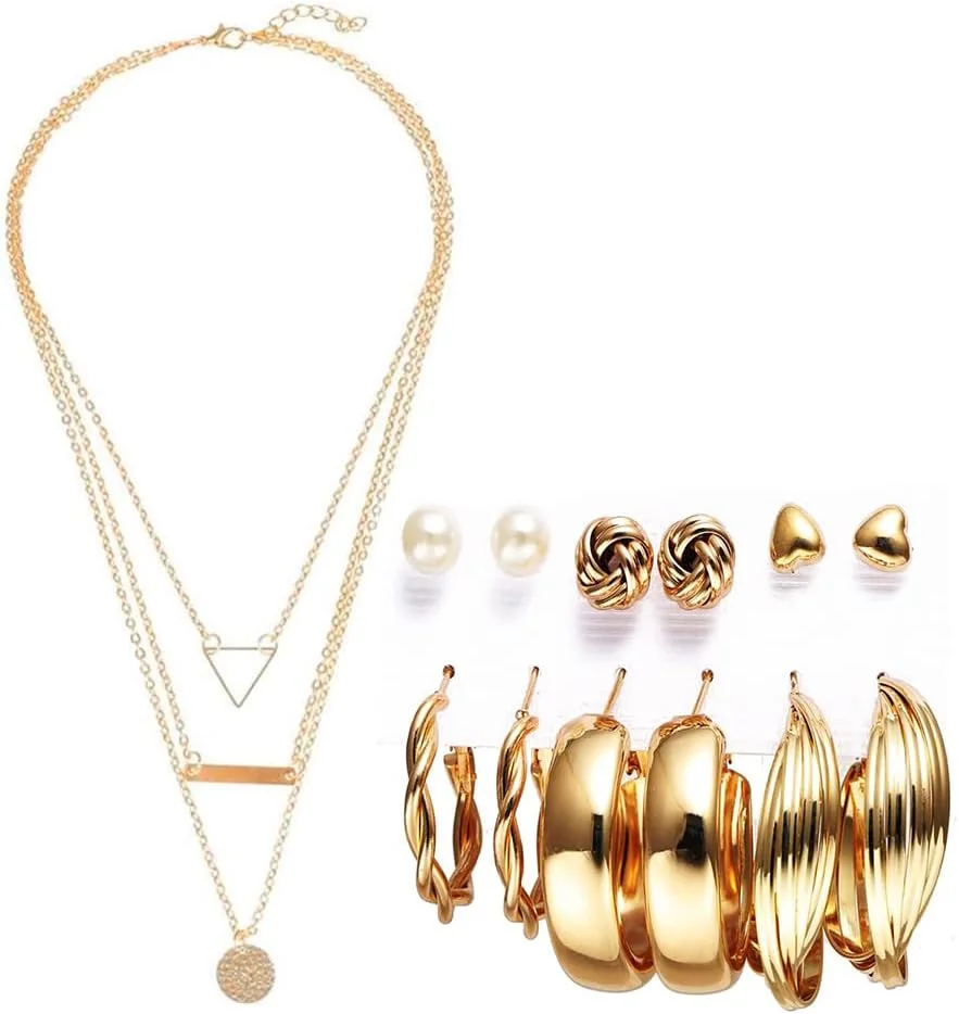 یوتبلا زیورآلات مد گردنبند و گوشواره با روکش طلا، ست زیورآلات ترکیبی برای دختران و زنان (طلایی) (YBNK_50420)، متوسط، برنجی، بدون سنگ قیمتی