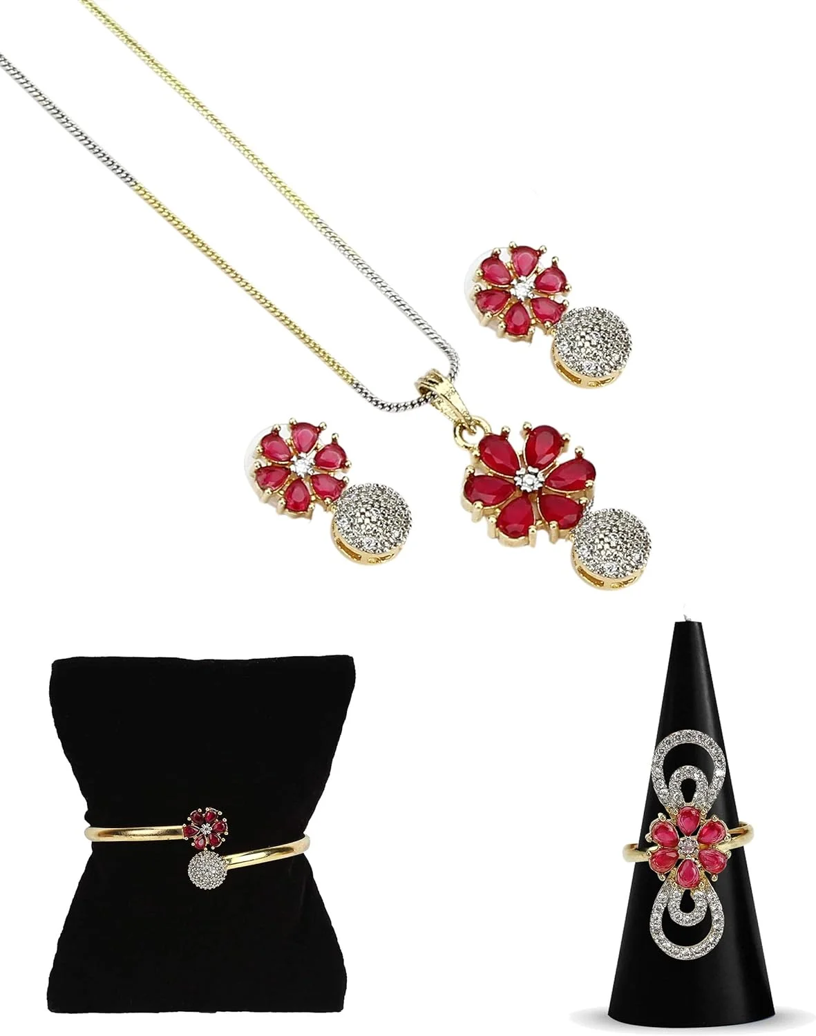 ست جواهرات زنانه YouBella شامل گردنبند با گوشواره، دستبند و انگشتر برای دختران و زنان