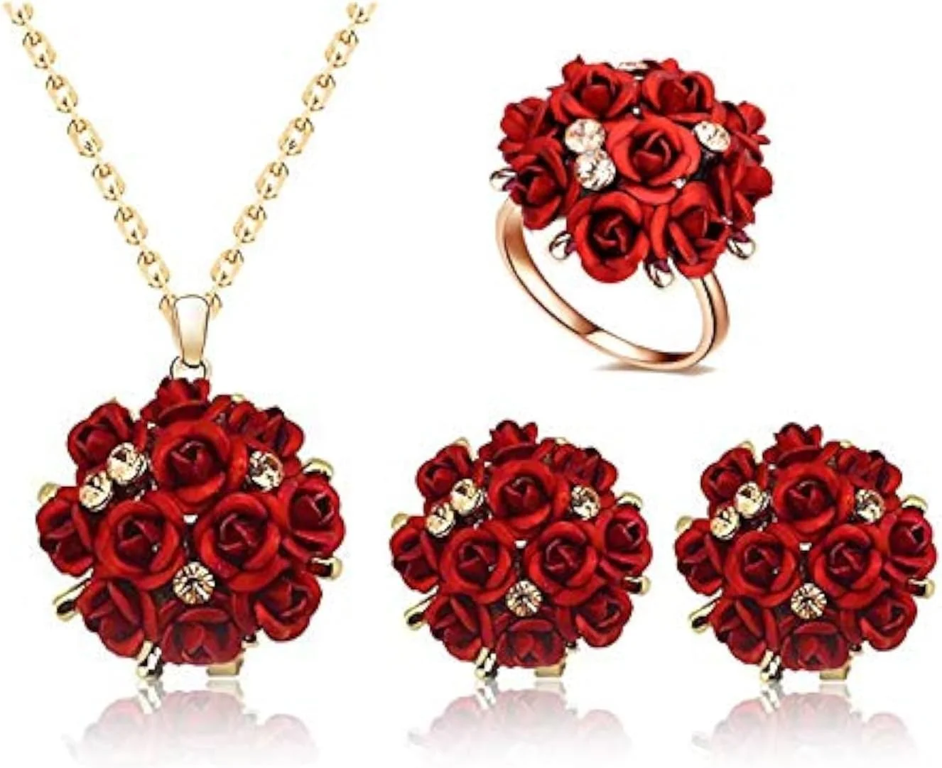 ست جواهرات YouBella، گردنبند طرح گل با روکش طلایی شیک به همراه گوشواره و انگشتر برای زنان و دختران، با روکش طلا