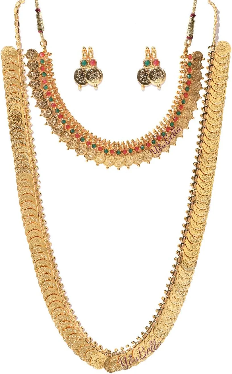 یووبلا جواهرات ست گردنبند سنتی سکه ای معبد، ترکیبی از سکه لاکشمی قرمز و سبز به همراه گوشواره، مناسب دختران و زنان