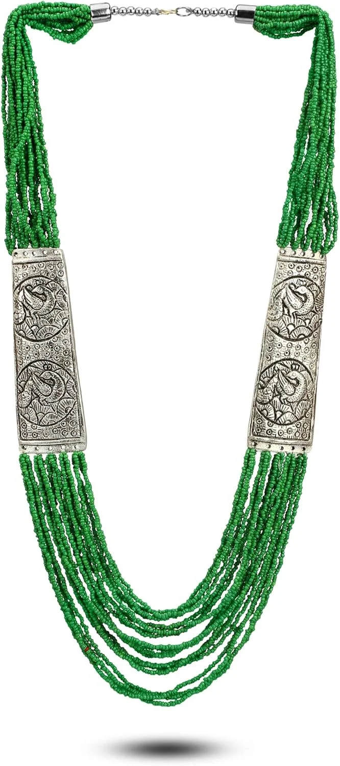 یوBella زیورآلات مد روز، ست گردنبند و گوشواره با روکش نقره آلمانی عتیقه، با نخ پنبه ای قبیله ای برای زنان و دختران. (سبز)
