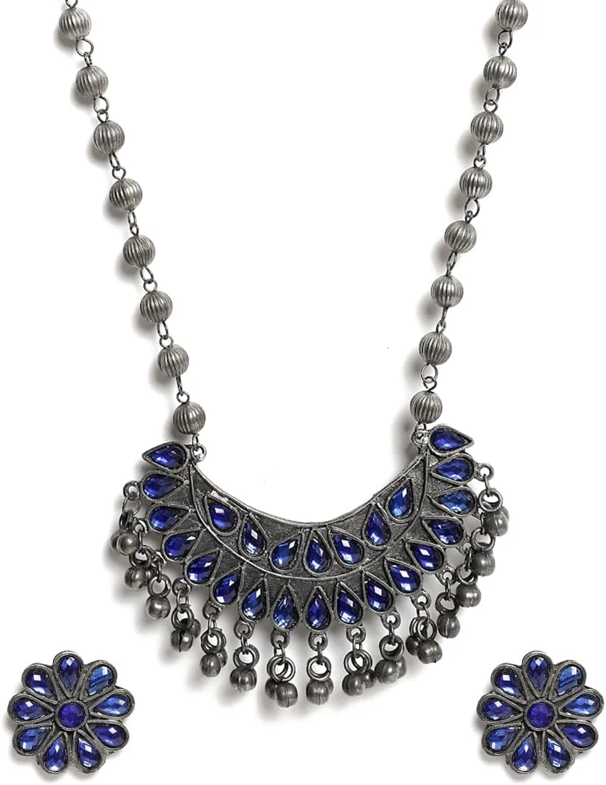 ست جواهرات نقره ای اکسید شده YouBella شامل گردنبند و گوشواره برای دختران و زنان (مدل 1)