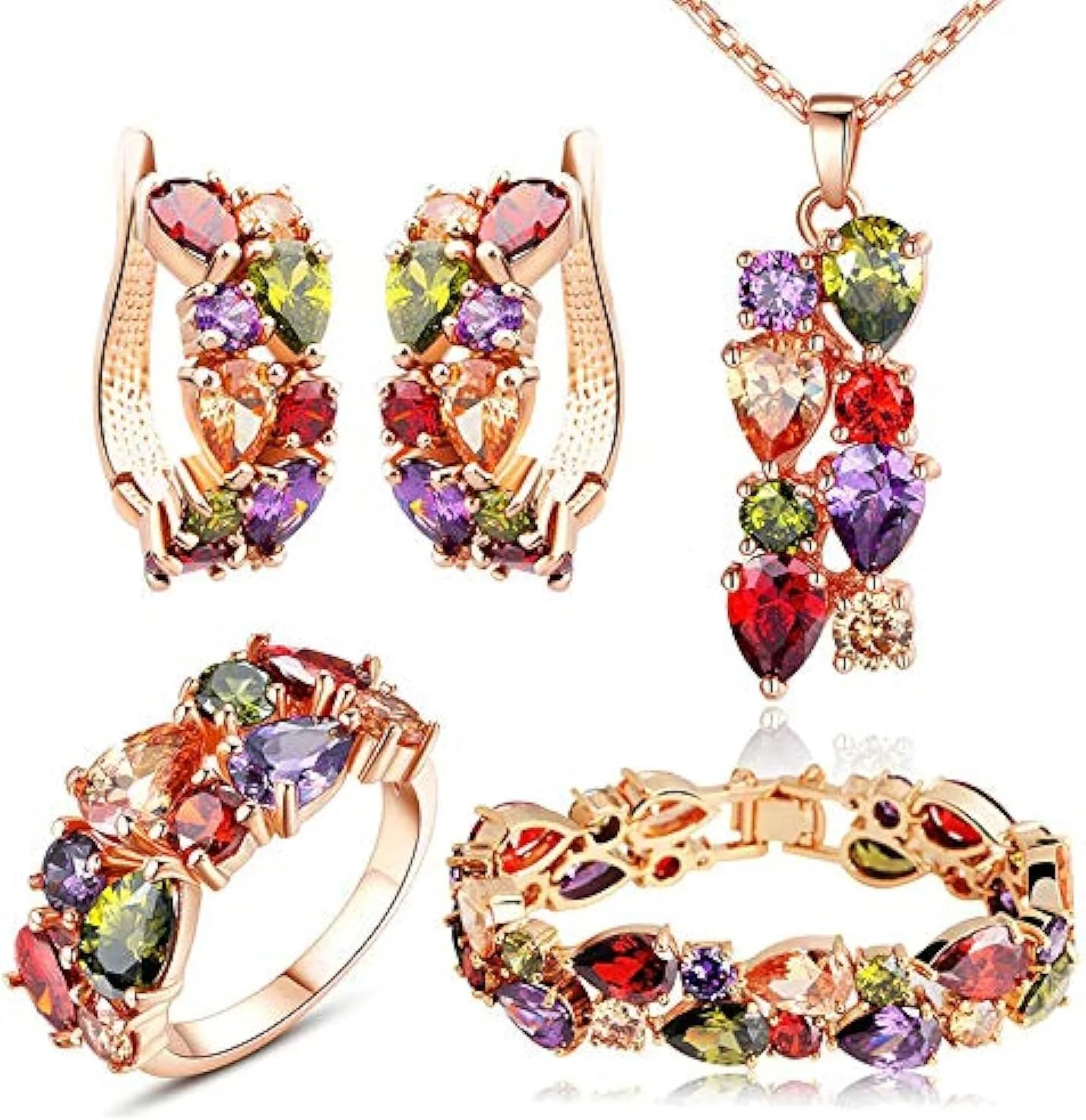 ست جواهرات YouBella، گردنبند، آویز، انگشتر، دستبند النگویی و گوشواره های چند رنگ با زیرکن سوئیسی AAA و روکش طلای رز، مناسب دختران و زنان (آویز، گوشواره، انگشتر و دستبند)