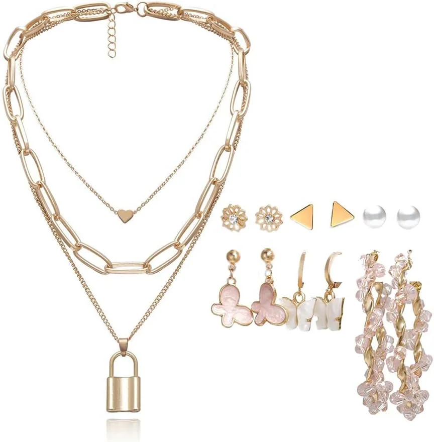 یوتبلا زیورآلات مد گردنبند و گوشواره روکش طلایی ست جواهرات ترکیبی برای دختران و زنان (طلایی) (YBNK_50371)، متوسط، برنج، بدون سنگ قیمتی