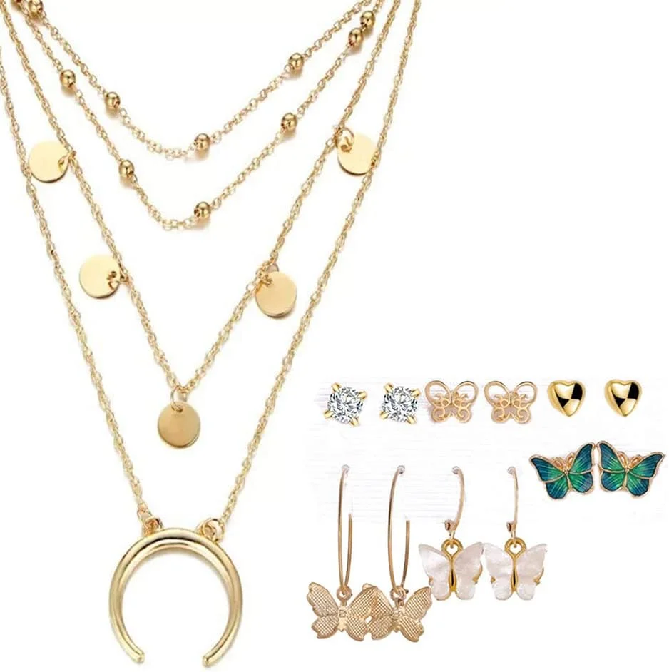 یوتبلا زیورآلات مد گردنبند و گوشواره روکش طلایی ست جواهرات زنانه و دخترانه (طلایی) (YBNK_50370)، متوسط، برنج، بدون سنگ قیمتی