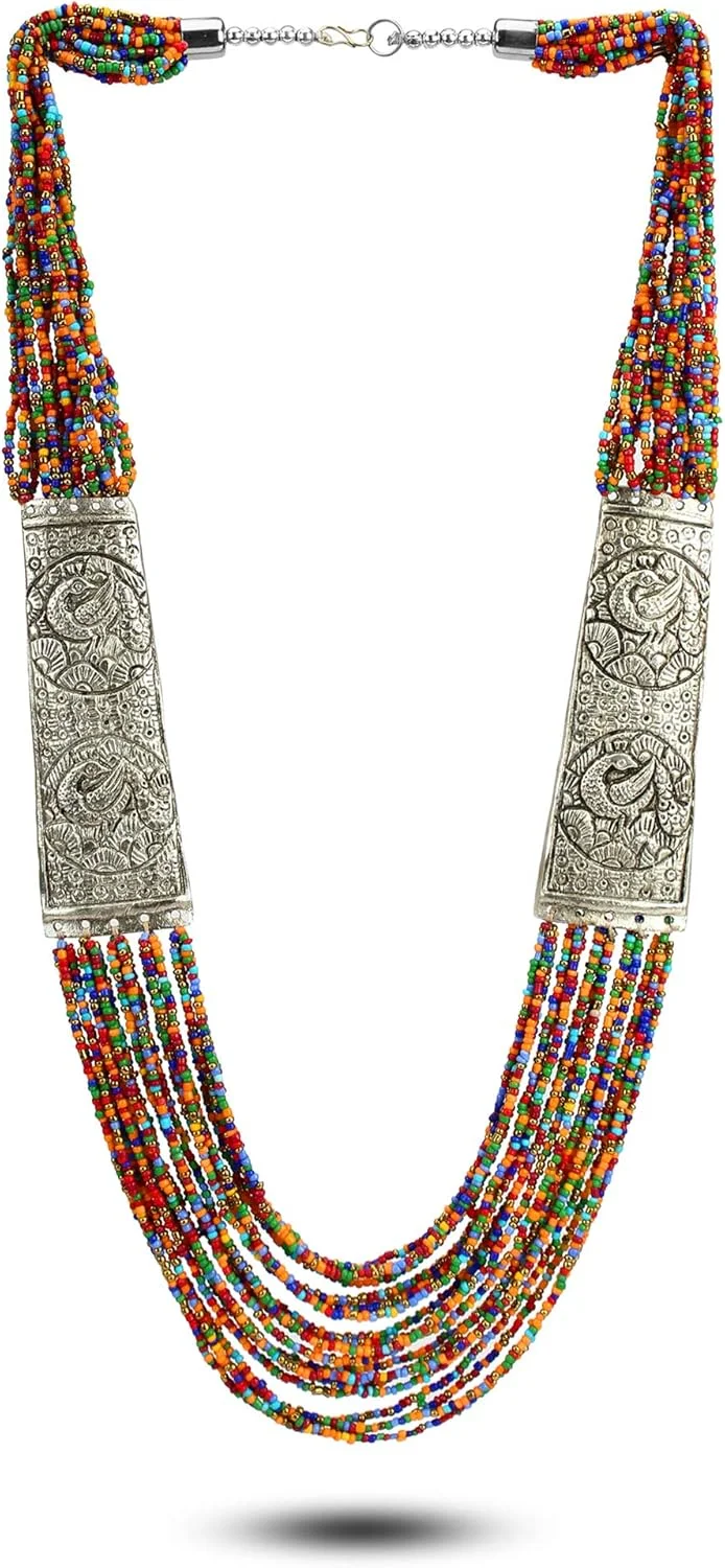 YouBella طراحی شیک جواهرات مهره ای قبیله ای افغانی روکش نقره ای چند رشته ای برای زنان (چند رنگ) (YBNK_5749)