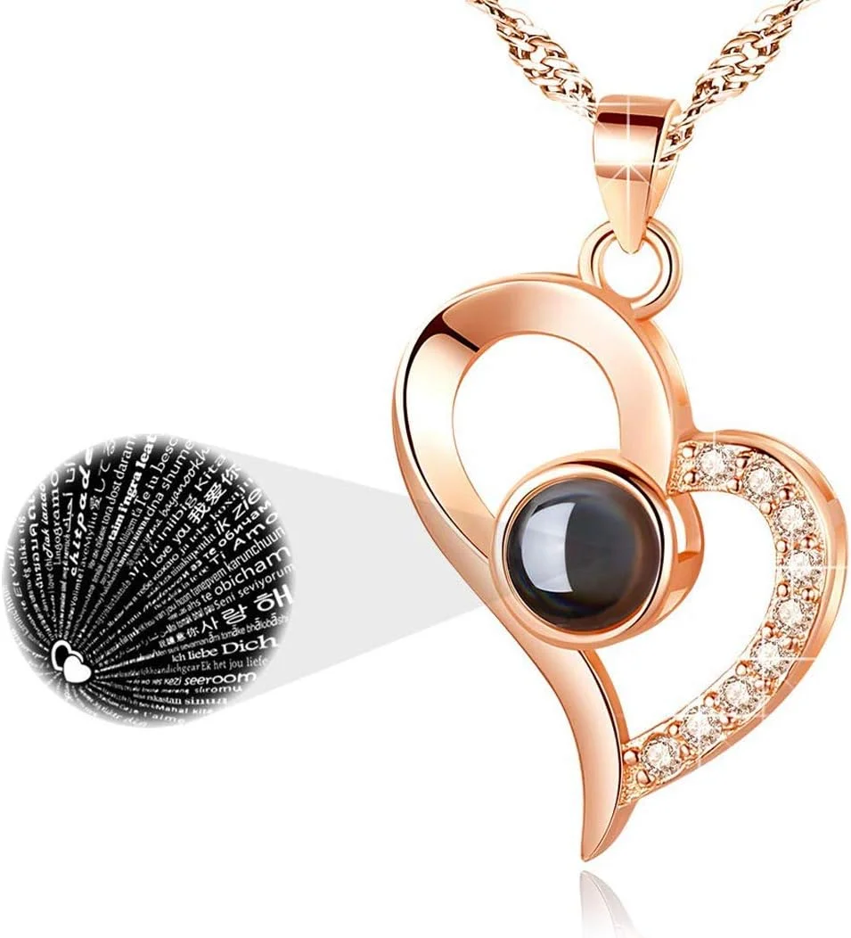 یوطلا، گردنبند قلب با روکش طلای رز 18 عیار با عبارت دوستت دارم به 100 زبان مختلف، زیورآلات زنانه و دخترانه (مدل 2)