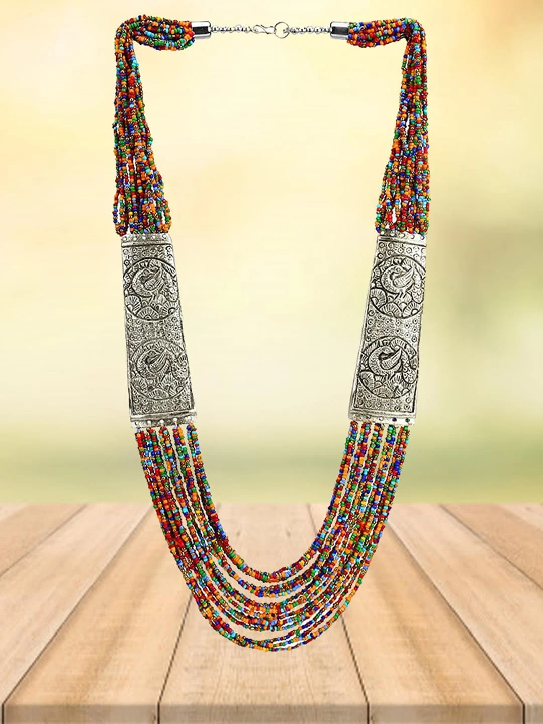 YouBella طراحی شیک جواهرات مهره ای قبیله ای افغانی روکش نقره ای چند رشته ای برای زنان (چند رنگ) (YBNK_5749) YouBella طراحی شیک جواهرات مهره ای قبیله ای افغانی روکش نقره ای چند رشته ای برای زنان (چند رنگ) (YBNK_5749)