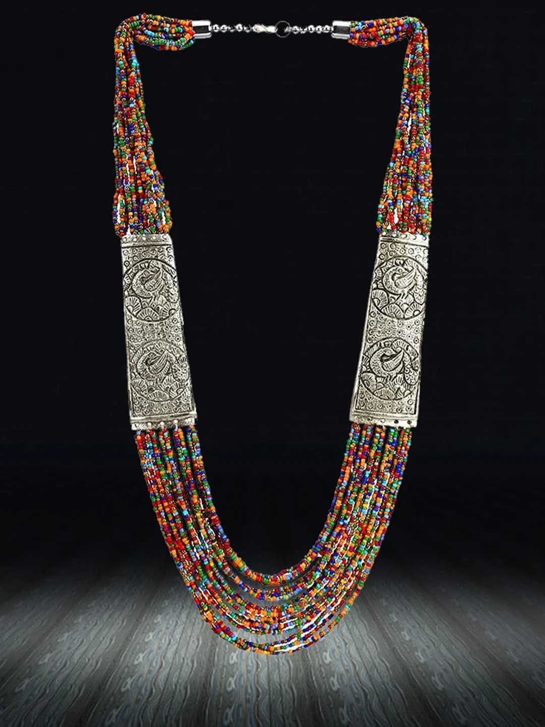 YouBella طراحی شیک جواهرات مهره ای قبیله ای افغانی روکش نقره ای چند رشته ای برای زنان (چند رنگ) (YBNK_5749) YouBella طراحی شیک جواهرات مهره ای قبیله ای افغانی روکش نقره ای چند رشته ای برای زنان (چند رنگ) (YBNK_5749)