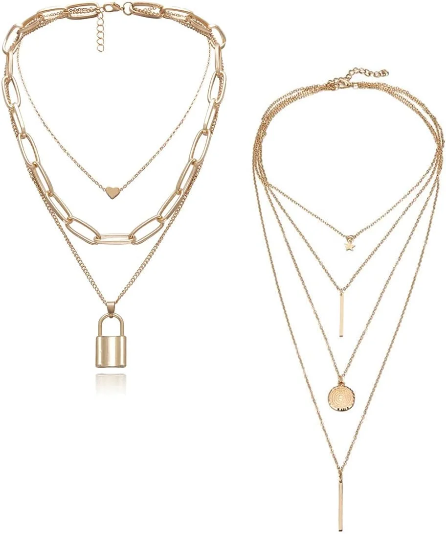 یوولا جواهرات، ست شیک دو زنجیر گردنبند برای زنان و دختران (طلایی) (YBNK_5924) متوسط