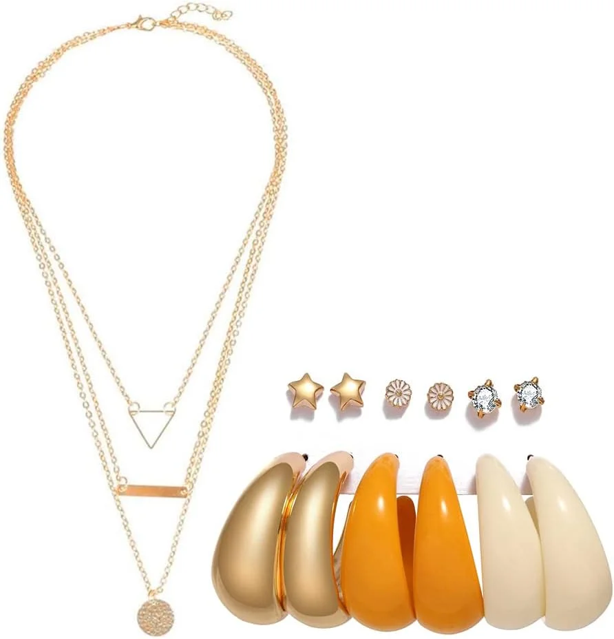 یوتبلا زیورآلات مد گردنبند و گوشواره با روکش طلا، ست زیورآلات زنانه و دخترانه (طلایی) (استایل 4)