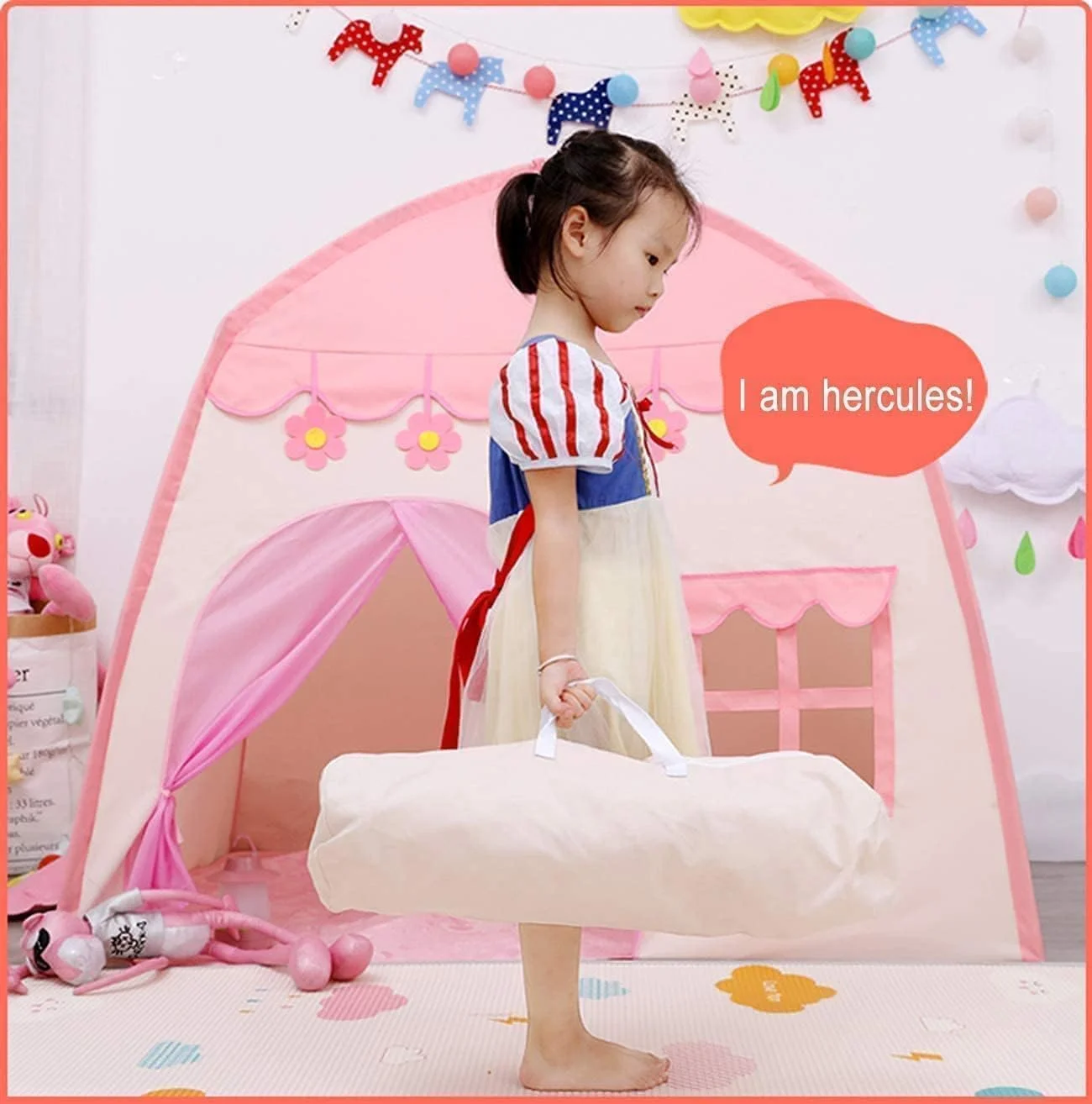 چادر بازی کودکانه برای دختران و پسران، قلعه بازی پرنسس با گل های صورتی، چادر بازی سرخپوستی افسانه ای کودکان با کیف حمل برای داخل و خارج از منزل (صورتی)