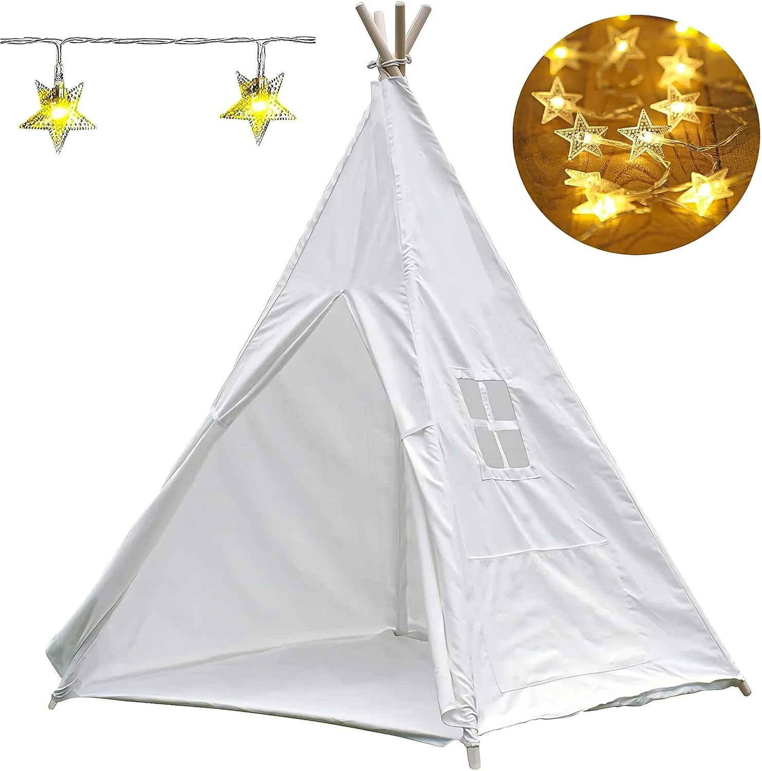 چادر تیپی با زیرانداز، ریسه چراغ ستاره ای و کیف حمل، جیب های داخلی، پنجره، چادر تیپی بوم تاشو بازی های داخل و خارج از منزل - خانه بازی کودکان - چادر کودکان برای دختران، پسران و بزرگسالان