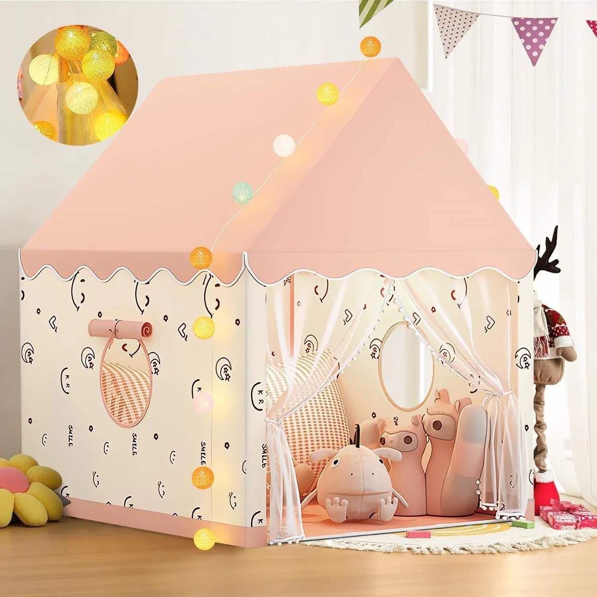 چادر بازی بزرگ کودکانه مناسب فضای داخلی و خارجی به همراه چراغ‌های LED، چادر بازی کودک نوپا، خانه بازی بیرونی برای چادر قلعه پرنسس کودک، اسباب بازی اتاق بازی داخلی برای پسران و دختران 3 تا 10 ساله (صورتی 2)