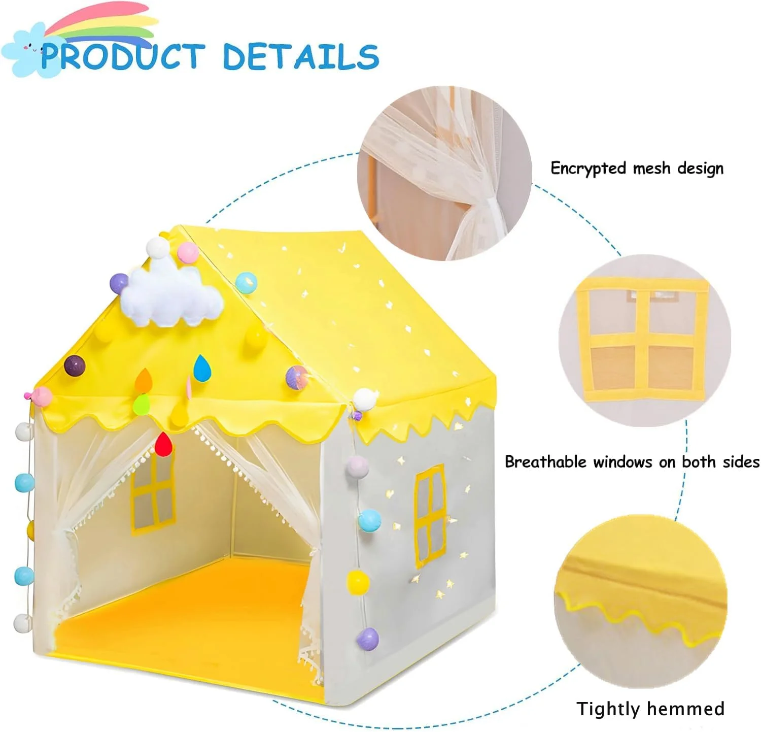 چادر بازی کودکان، چادر کودکان مناسب فضای داخلی و خارجی به همراه زیرانداز و چراغ، چادر قلعه پرنسس کودک نوپا، خانه عروسکی تیپی مناسب بازی پسران و دختران (زرد)