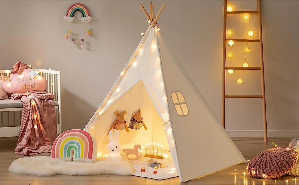 چادر بازی کودکان BAOLY، چادر بوم پنبه ای طبیعی، خانه بازی هدیه برای بازی های داخل و خارج از منزل کودکان، چادر تیپی تاشو و قابل شستشو برای چادر سرپوشیده کودکان، چادر بازی در فضای باز برای دختران و پسران