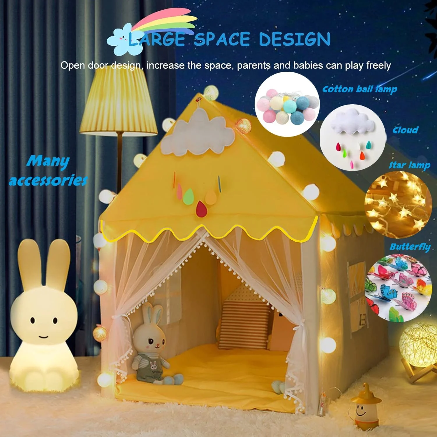 چادر بازی کودکان، چادر کودکان مناسب فضای داخلی و خارجی به همراه زیرانداز و چراغ، چادر قلعه پرنسس کودک نوپا، خانه عروسکی تیپی مناسب بازی پسران و دختران (زرد)