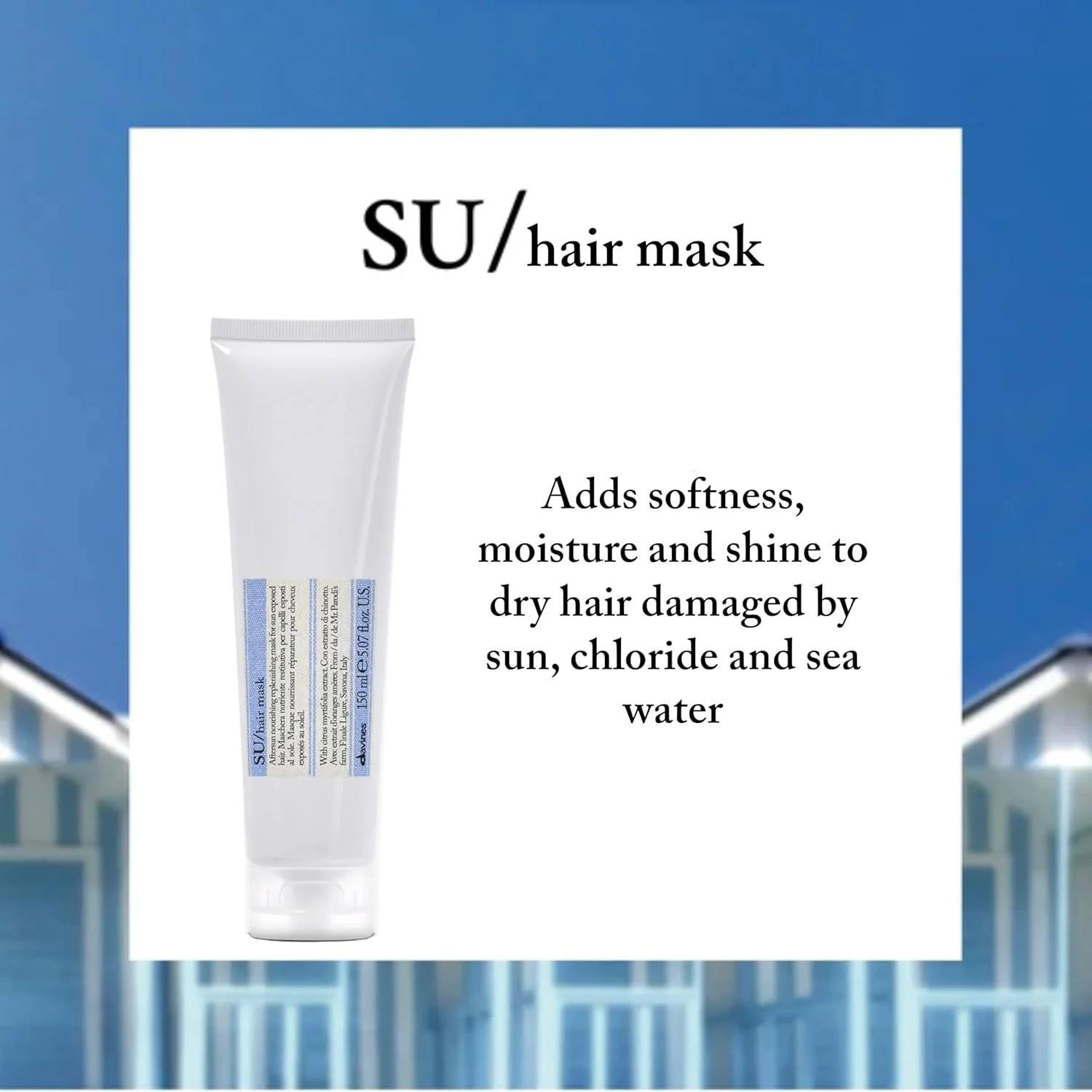 ماسک مو داوینس Su، 150 میلی لیتر. درمان کامل ضد پیری برای موهای آسیب دیده ناشی از آفتاب، کلرید و آب دریا. نرمی، رطوبت و درخشندگی را حتی به خشک ترین موها باز می گرداند. فاقد پارابن.
