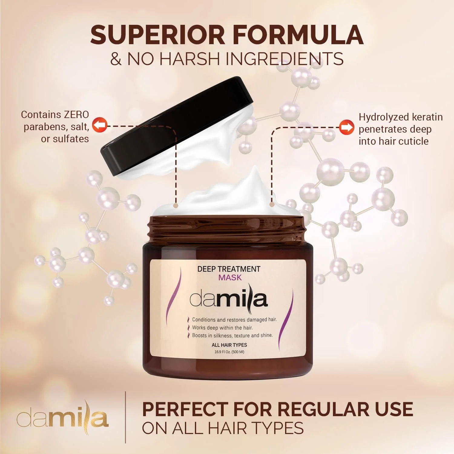 ماسک مو آبرسان دامیلا - ماسک ترمیم کننده مو با استفاده از کراتین هیدرولیز شده برای تقویت و آبرسانی - بهترین درمان موهای آسیب دیده (500 میلی لیتر)