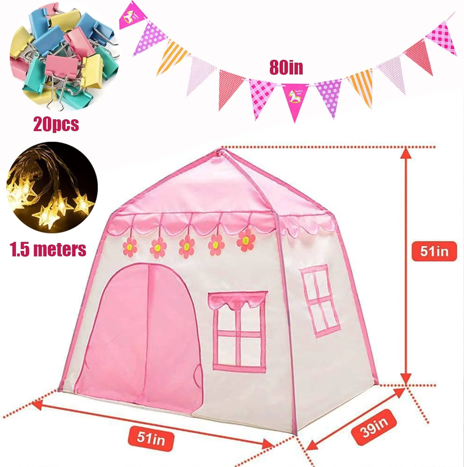 چادر بازی پرنسس دخترانه IS MUHE با چراغ های ستاره ای LED، چادر بازی قلعه پرنسس، اسباب بازی های سرپوشیده و فضای باز، هدیه تولد دخترانه، بازی های تخیلی (صورتی)