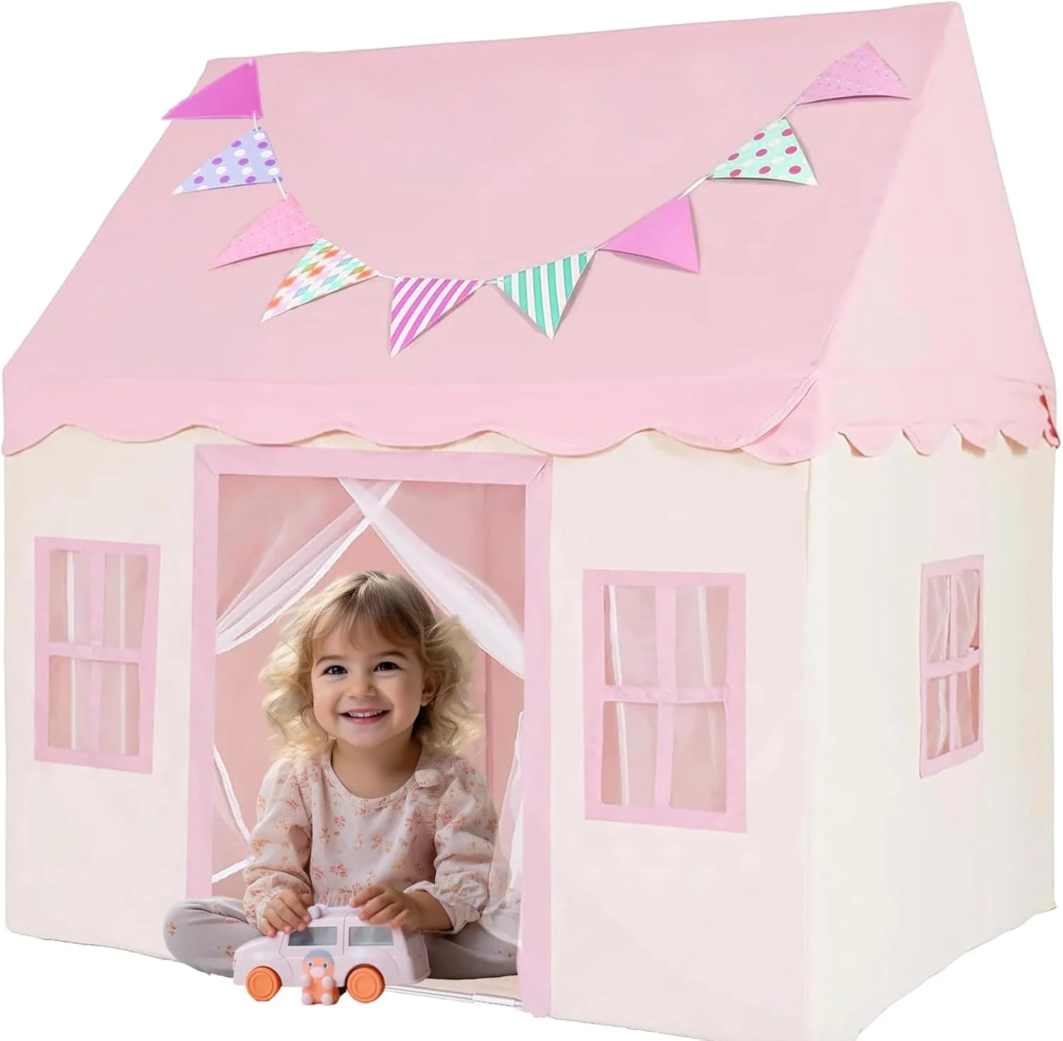 چادر بازی بزرگ کودکانه مناسب فضای داخلی و خارجی - چادر بازی کودک برای دختران و پسران، مناسب فضای داخلی و خارجی، خانه با پنجره، قابل شستشو (صورتی)