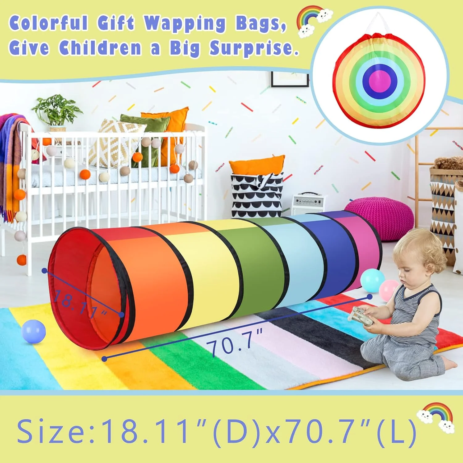 تونل بازی کودک لسلی، تونل خزیدن تاشو 180 سانتی متری رنگارنگ برای نوزادان، کودکان نوپا، سگ و گربه، هدیه ای برای بازی در داخل و خارج از خانه