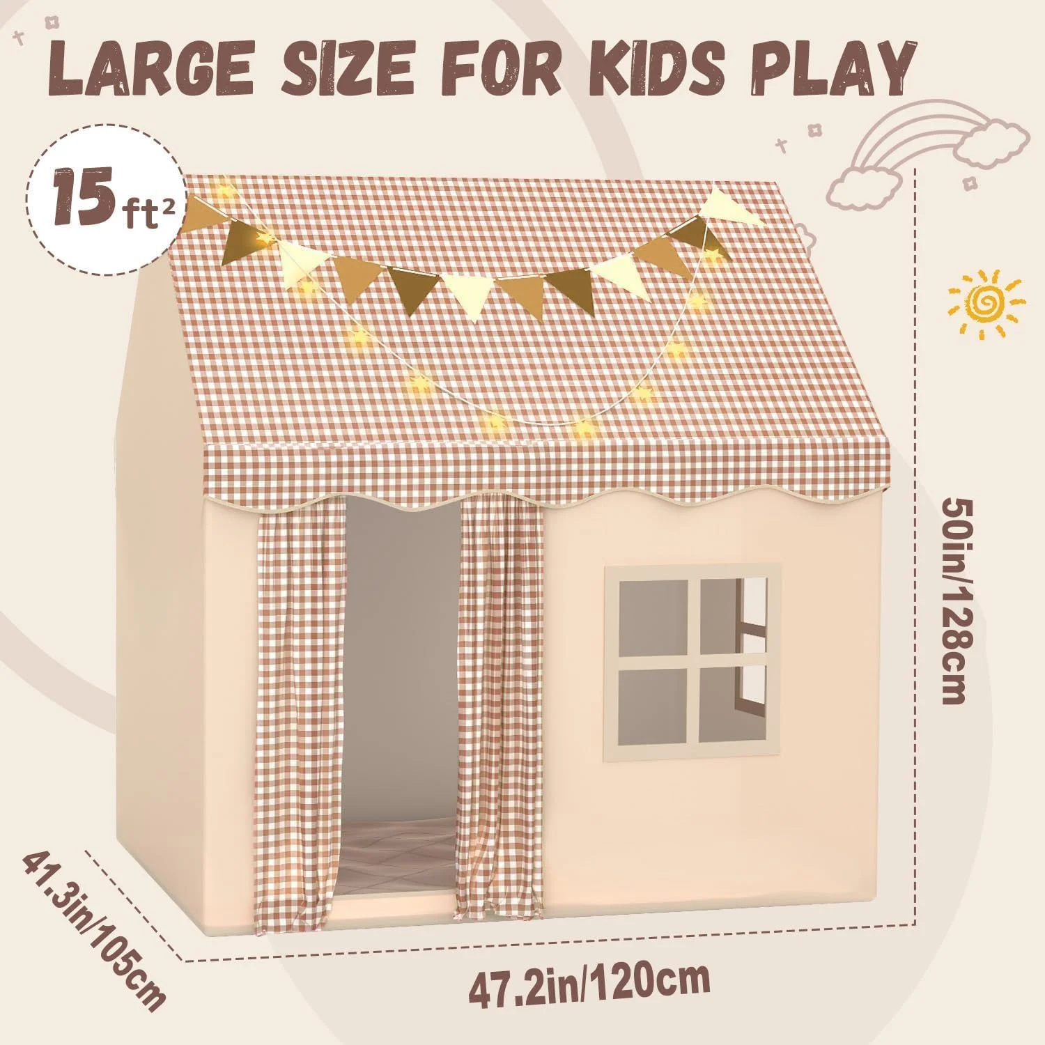 چادرهای بازی بزرگ با چراغ های ستاره ای و پرچم های رنگی، خانه بازی چادری قلعه پرنسس کودک، اسباب بازی های اتاق داخلی کودکان برای دختران پسران 3-10 سال (بژ B)