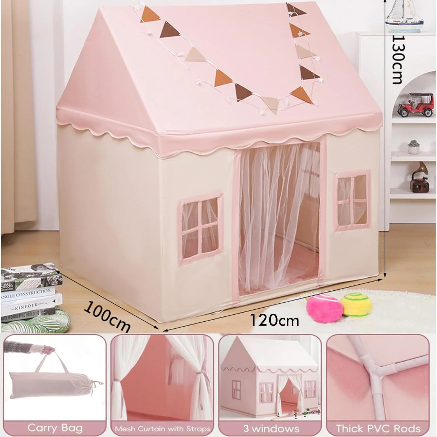 چادر بازی بزرگ کودکانه مناسب فضای داخلی و خارجی - چادر بازی کودک برای دختران و پسران، مناسب فضای داخلی و خارجی، خانه با پنجره، قابل شستشو (صورتی)
