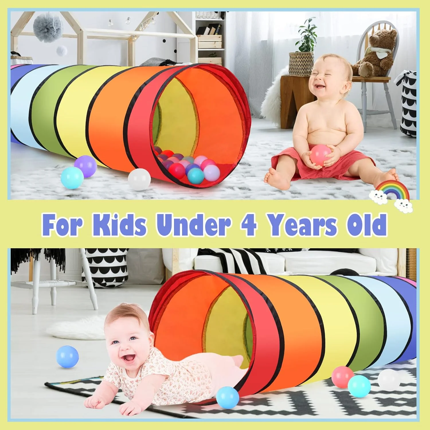 تونل بازی کودک لسلی، تونل خزیدن تاشو 180 سانتی متری رنگارنگ برای نوزادان، کودکان نوپا، سگ و گربه، هدیه ای برای بازی در داخل و خارج از خانه