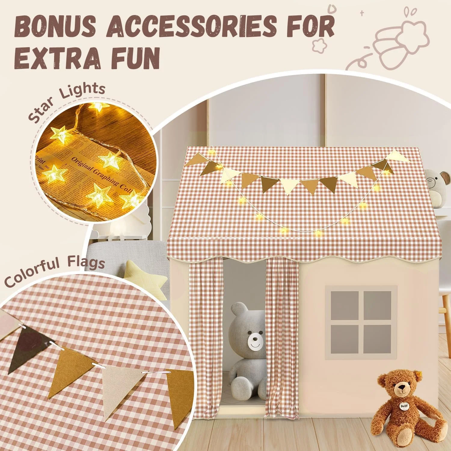 چادرهای بازی بزرگ با چراغ های ستاره ای و پرچم های رنگی، خانه بازی چادری قلعه پرنسس کودک، اسباب بازی های اتاق داخلی کودکان برای دختران پسران 3-10 سال (بژ B)