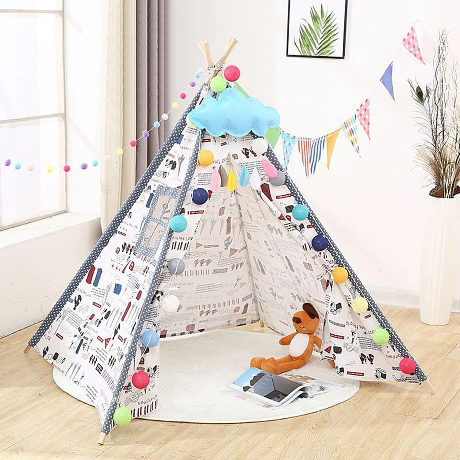چادر تیپی کودکانه با چراغ، اسباب بازی آتش بازی و کیف حمل، چادر بوم پنبه ای طبیعی کودک نوپا - چادر تیپی تاشو و قابل شستشو برای کودکان، چادر بازی سرپوشیده و فضای باز برای کودکان (حروف گرافیکی سفید 160 سانتی متر)