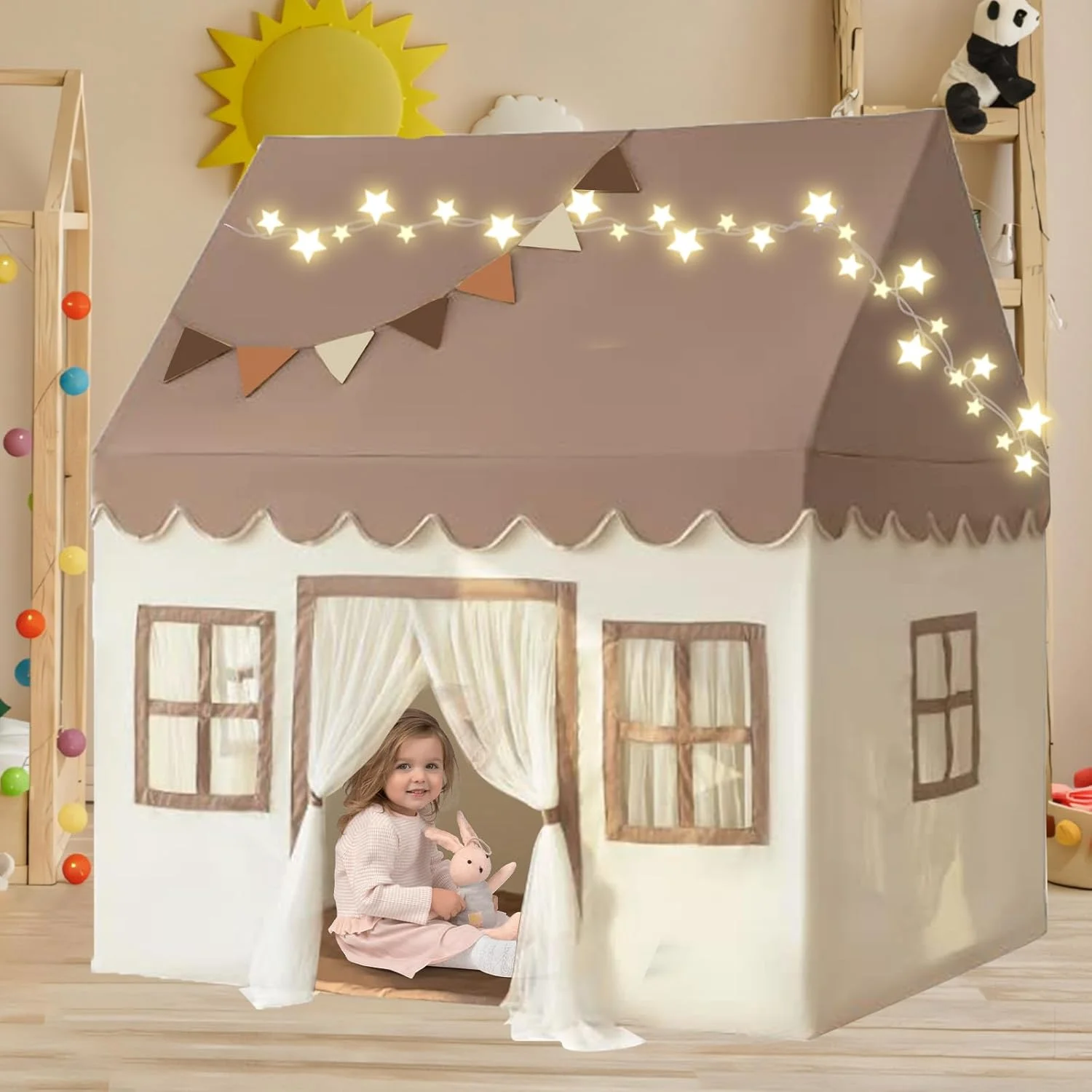 خانه چادری بزرگ کودکان مناسب فضای داخلی و خارجی به همراه زیرانداز ساده، ریسه چراغ و بنر - چادر بازی کودک نوپا با تزئینات جشن تولد، خانه بازی قلعه شاهزاده خانم، ایده آل برای دختران و پسران بالای 3 سال (خاکی)