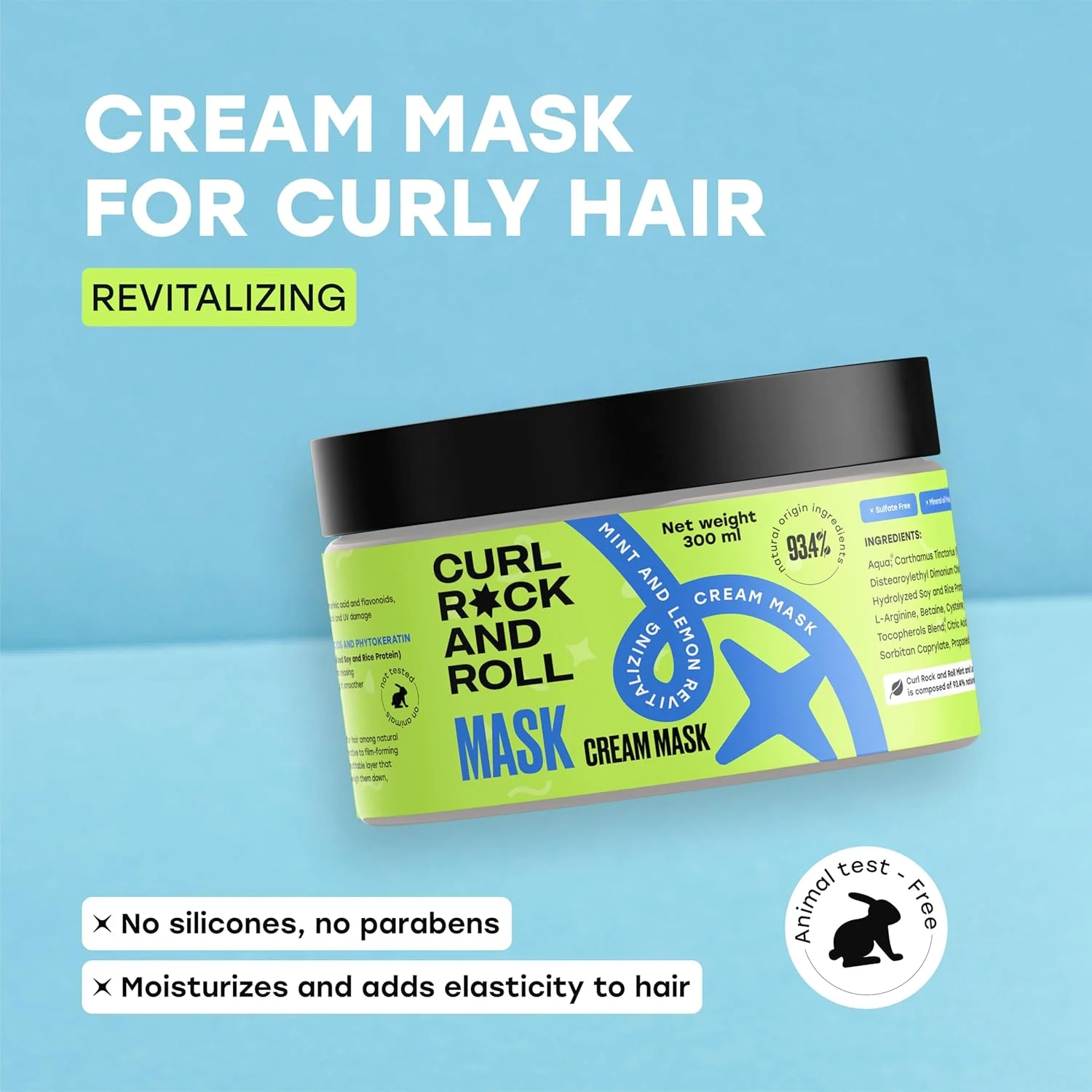 ماسک مو فر کرل راک اند رول - ترمیم کننده و مرطوب کننده - بدون پارابن، بدون سولفات، نعناع و لیمو، 300 میلی لیتر