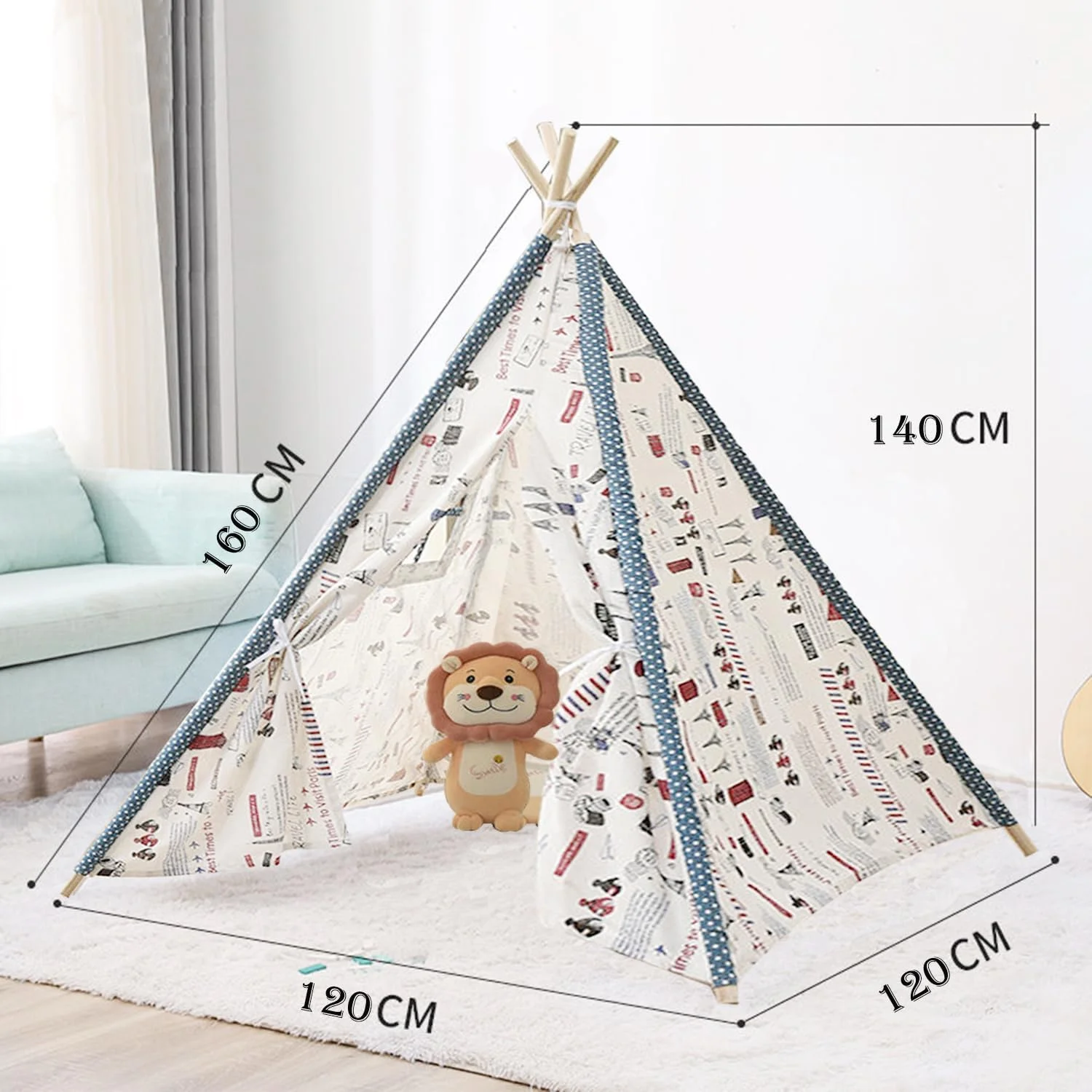 چادر تیپی کودکانه با چراغ، اسباب بازی آتش بازی و کیف حمل، چادر بوم پنبه ای طبیعی کودک نوپا - چادر تیپی تاشو و قابل شستشو برای کودکان، چادر بازی سرپوشیده و فضای باز برای کودکان (حروف گرافیکی سفید 160 سانتی متر)