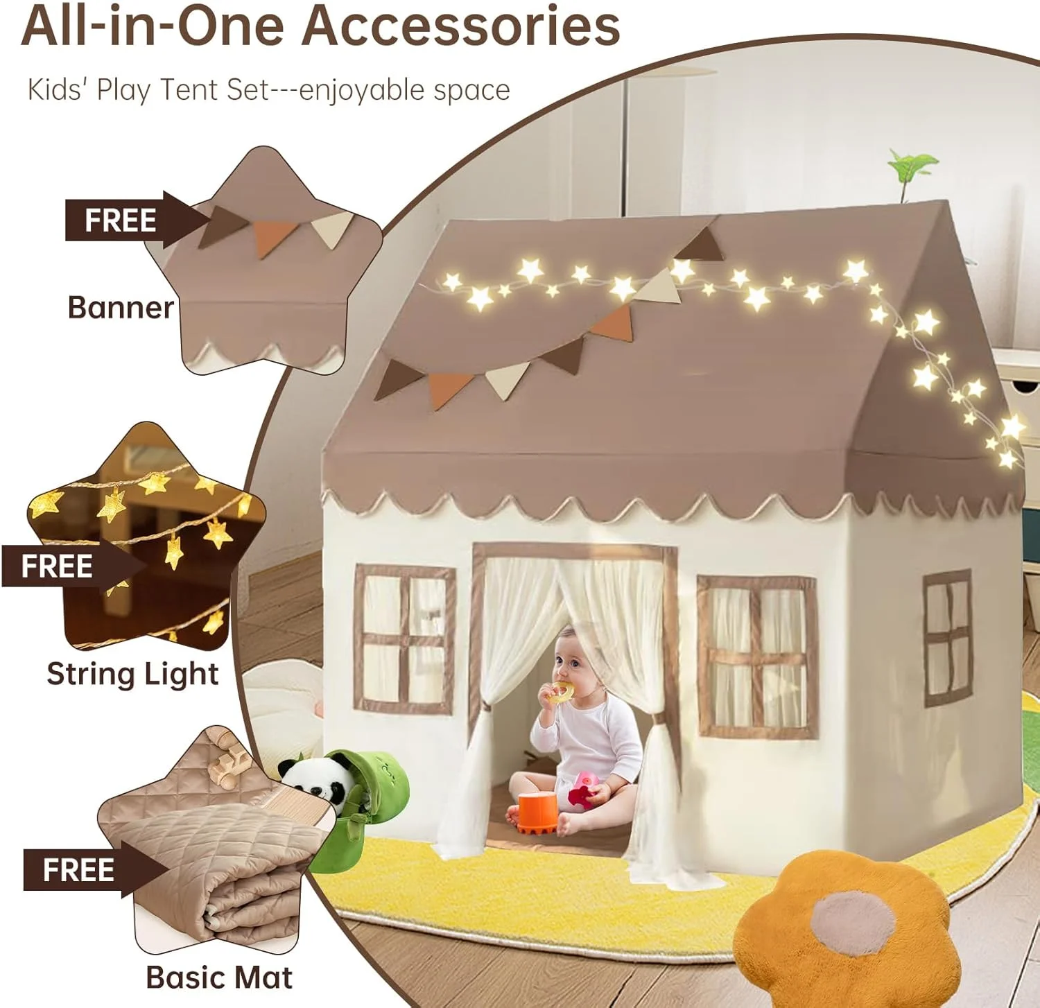 خانه چادری بزرگ کودکان مناسب فضای داخلی و خارجی به همراه زیرانداز ساده، ریسه چراغ و بنر - چادر بازی کودک نوپا با تزئینات جشن تولد، خانه بازی قلعه شاهزاده خانم، ایده آل برای دختران و پسران بالای 3 سال (خاکی) خانه چادری بزرگ کودکان مناسب فضای داخلی و خارجی به همراه زیرانداز ساده، ریسه چراغ و بنر - چادر بازی کودک نوپا با تزئینات جشن تولد، خانه بازی قلعه شاهزاده خانم، ایده آل برای دختران و پسران بالای 3 سال (خاکی)