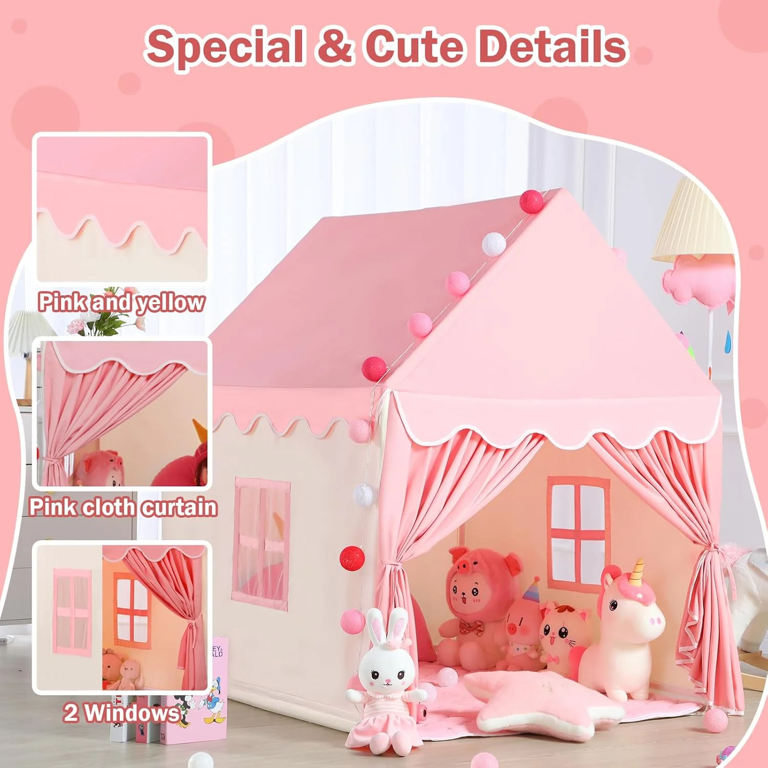 چادر بازی کودک با زیرانداز و چراغ های ستاره ای - چادرهای بازی کودکانه، چادر پرنسس برای کودکان نوپا، خانه بازی سرپوشیده و فضای باز، خانه اسباب بازی دخترانه (صورتی با پارچه)